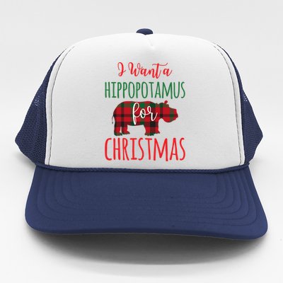 I Want A Hippopotamus For Christmas Gift Plaid Print Hippo Gift Trucker Hat