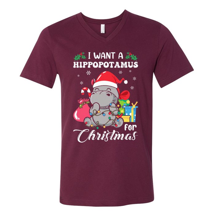 I Want A Hippopotamus For Christmas Hippo Christmas Pajamas V-Neck T-Shirt