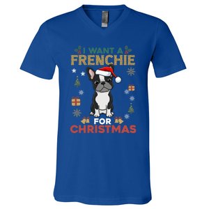 I Want A French Bulldog For Christmas Cute Dog Lover Pajama Funny Gift V-Neck T-Shirt