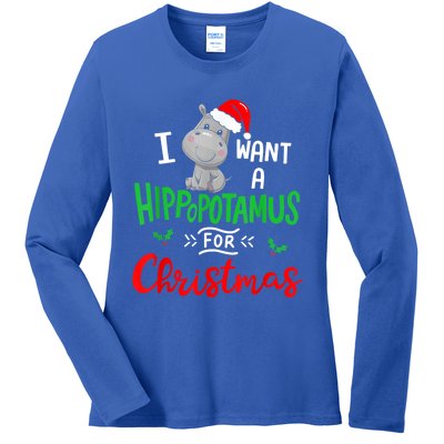 I Want A Hippopotamus For Christmas Xmas Pajama Hippo Lover Funny Gift Ladies Long Sleeve Shirt