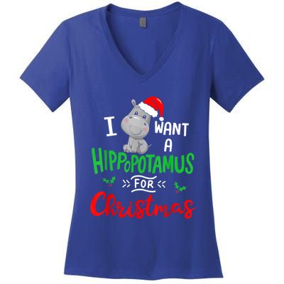 I Want A Hippopotamus For Christmas Xmas Pajama Hippo Lover Funny Gift Women's V-Neck T-Shirt