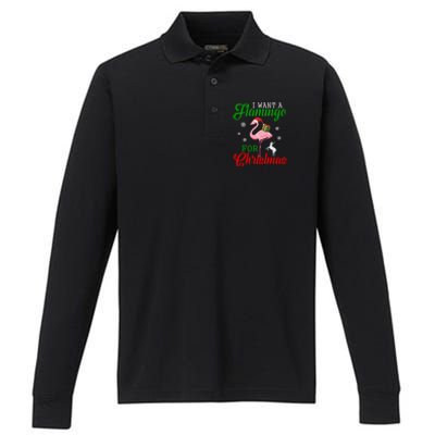 I Want A Flamingo For Christmas Funny Gift Performance Long Sleeve Polo