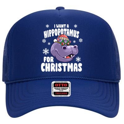 I Want A Hippopotamus For Christmas Xmas Hippo Cute Gift High Crown Mesh Back Trucker Hat