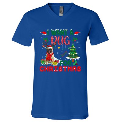 I Want A Pug Dog For Christmas Xmas Pug Dog Reindeer Funny Gift V-Neck T-Shirt