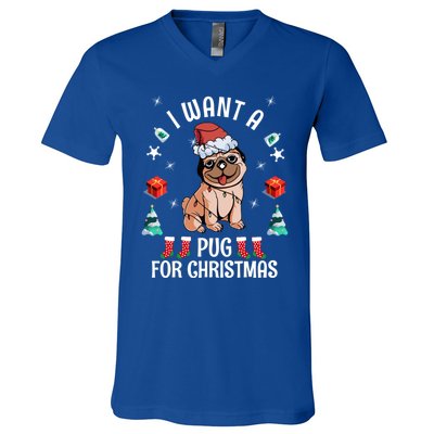 I Want A Pug For Christmas Xmas Pug Gift V-Neck T-Shirt