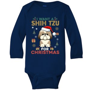 I Want A Shih Tzu For Christmas Cute Dog Lover Family Pajama Gift Baby Long Sleeve Bodysuit