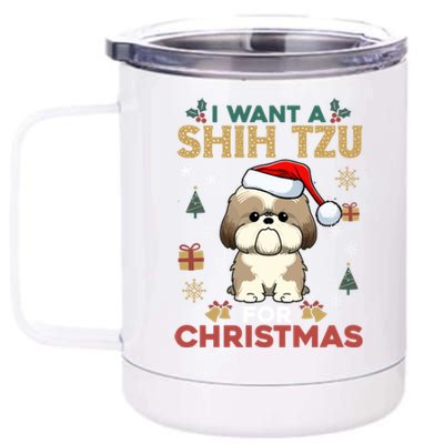 I Want A Shih Tzu For Christmas Cute Dog Lover Family Pajama Gift 12 oz Stainless Steel Tumbler Cup