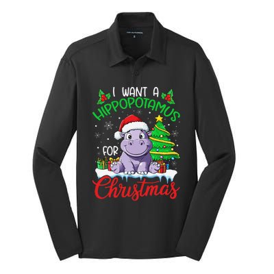 I Want A Hippopotamus For Christmas Xmas Hippo Lover Funny Silk Touch Performance Long Sleeve Polo