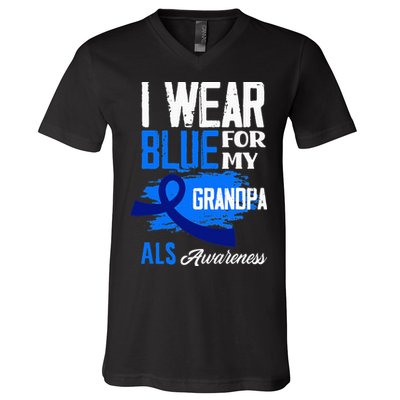 I Wear Blue For My Grandpa Support ALS Awareness V-Neck T-Shirt
