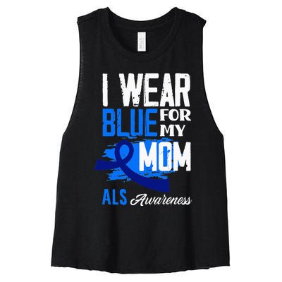 I Wear Blue For My Mom Mother Support ALS Awareness Women's Racerback Cropped Tank