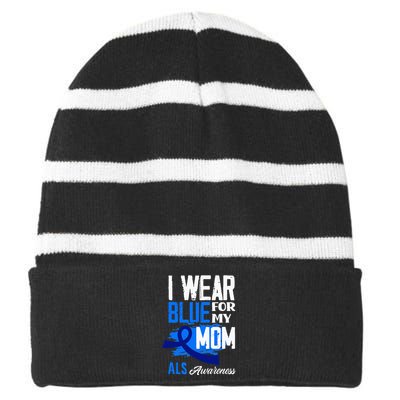 I Wear Blue For My Mom Mother Support ALS Awareness Striped Beanie with Solid Band