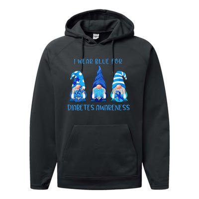 I Wear Blue For Diabetes Awareness Gnomes Peace Love Cure Performance Fleece Hoodie