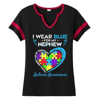 I Wear Blue For My Nephew Autism Awareness Uncle Aunt Ladies Halftime Notch Neck Tee