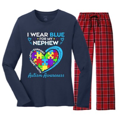 I Wear Blue For My Nephew Autism Awareness Uncle Aunt Women's Long Sleeve Flannel Pajama Set 