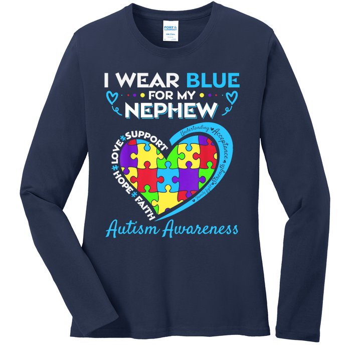 I Wear Blue For My Nephew Autism Awareness Uncle Aunt Ladies Long Sleeve Shirt