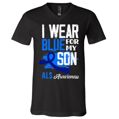 I Wear Blue For My Son Support ALS Awareness V-Neck T-Shirt