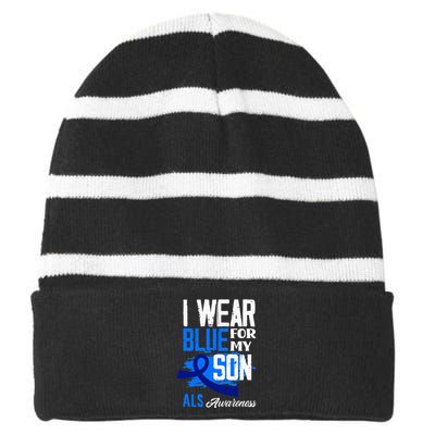 I Wear Blue For My Son Support ALS Awareness Striped Beanie with Solid Band