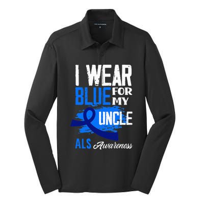 I Wear Blue For My Uncle Support ALS Awareness Silk Touch Performance Long Sleeve Polo