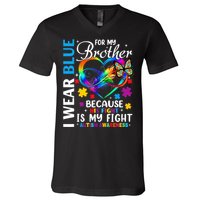 I Wear Blue For My Brother Autism Awareness V-Neck T-Shirt