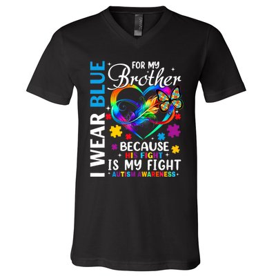 I Wear Blue For My Brother Autism Awareness V-Neck T-Shirt