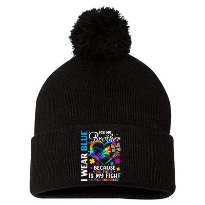 I Wear Blue For My Brother Autism Awareness Pom Pom 12in Knit Beanie