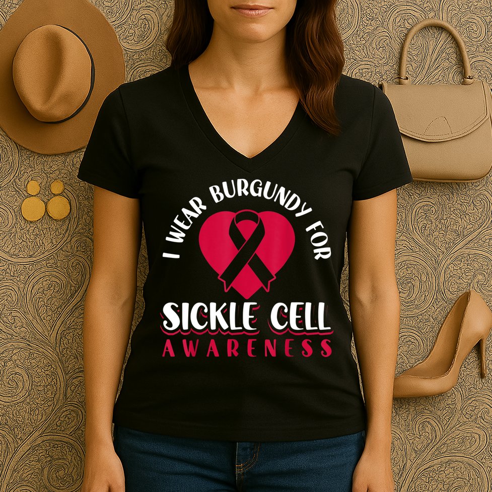 I Wear Burgundy For Sickle Cell Awareness Women's V-Neck T-Shirt
