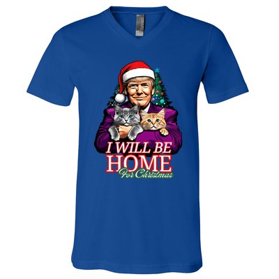 I Will Be Home For Christmas Funny Trump With Cats Gift V-Neck T-Shirt