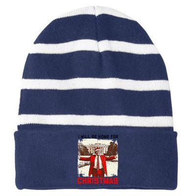 I Will Be Home For Christmas Funny Xmas Santa Trump 2024 Striped Beanie with Solid Band