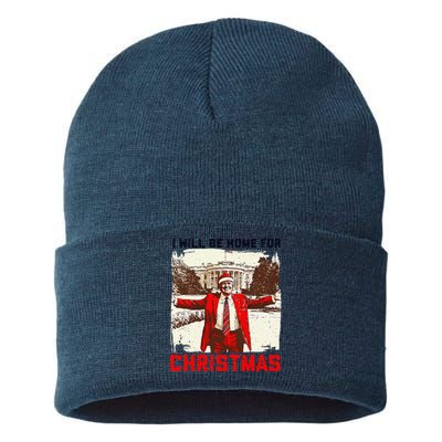 I Will Be Home For Christmas Funny Xmas Santa Trump 2024 Sustainable Knit Beanie