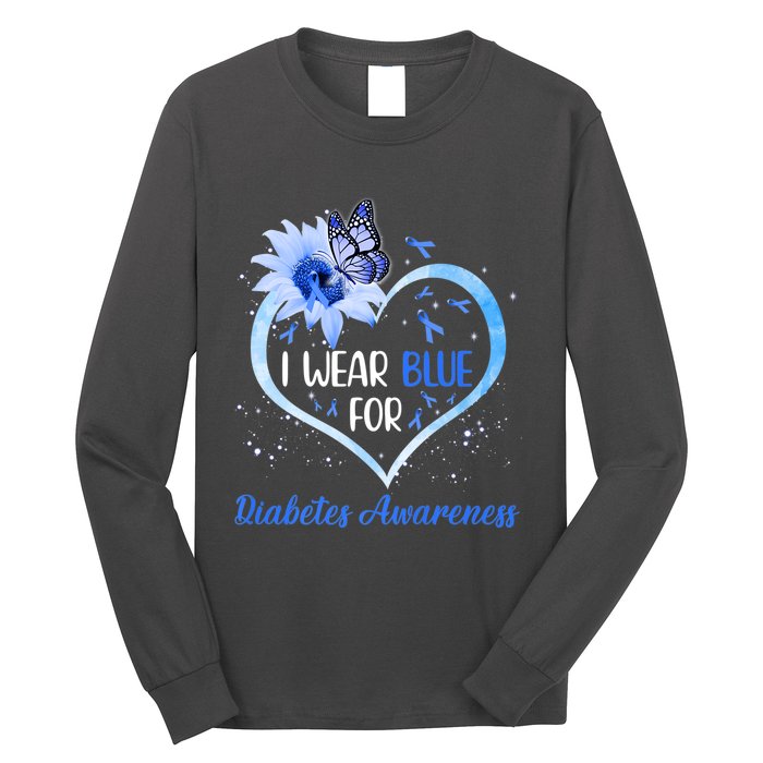 I Wear Blue For Diabetes Awareness Butterfly Flower Ribbon Premium Long Sleeve Shirt