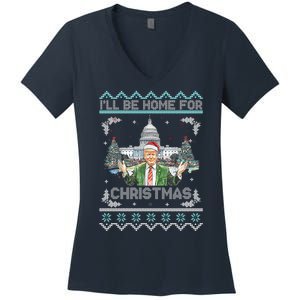 I Will Be Home For Christmas Donald Trump 47th President Ugly Christmas Women's V-Neck T-Shirt