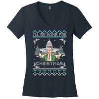 I Will Be Home For Christmas Donald Trump 47th President Ugly Christmas Women's V-Neck T-Shirt