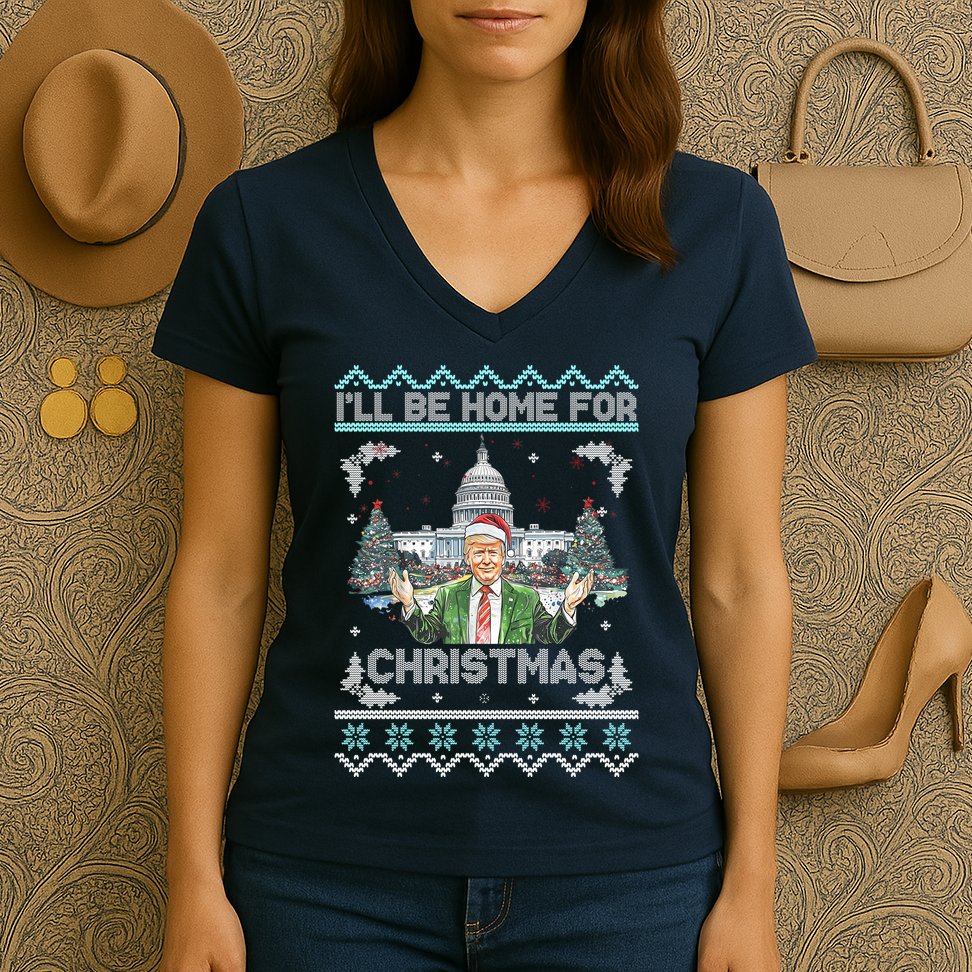 I Will Be Home For Christmas Donald Trump 47th President Ugly Christmas Women's V-Neck T-Shirt