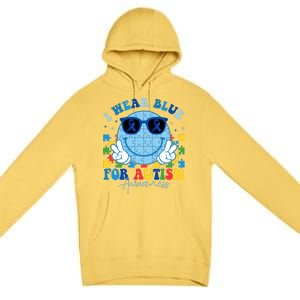 I Wear Blue For Autism Awareness Month Smile Face Peace Puzzle Premium Pullover Hoodie