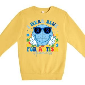 I Wear Blue For Autism Awareness Month Smile Face Peace Puzzle Premium Crewneck Sweatshirt