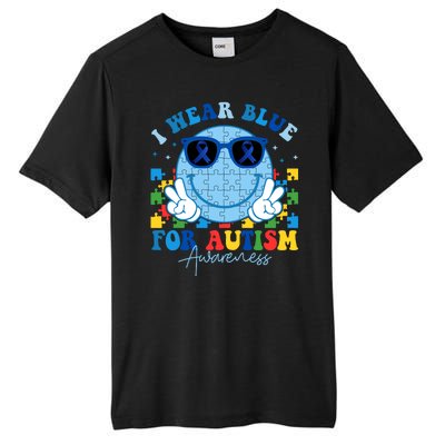 I Wear Blue For Autism Awareness Month Smile Face Peace Puzzle Tall Fusion ChromaSoft Performance T-Shirt