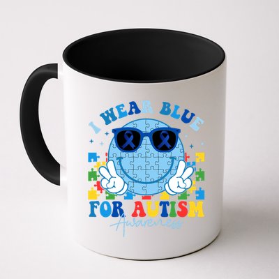 I Wear Blue For Autism Awareness Month Smile Face Peace Puzzle Mug