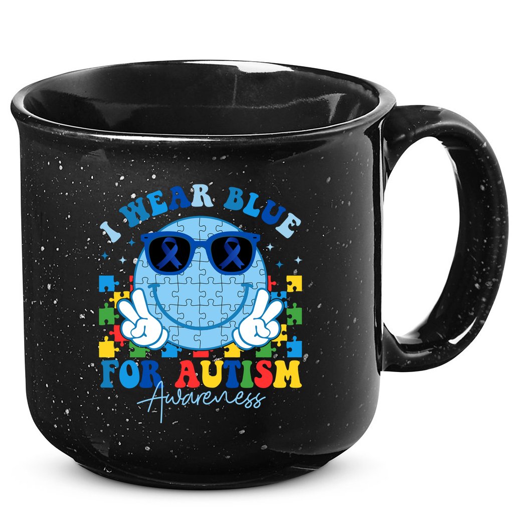 I Wear Blue For Autism Awareness Month Smile Face Peace Puzzle 15oz Campfire Ceramic Mug