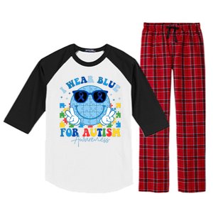 I Wear Blue For Autism Awareness Month Smile Face Peace Puzzle Raglan Sleeve Pajama Set