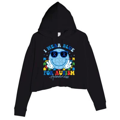 I Wear Blue For Autism Awareness Month Smile Face Peace Puzzle Crop Fleece Hoodie