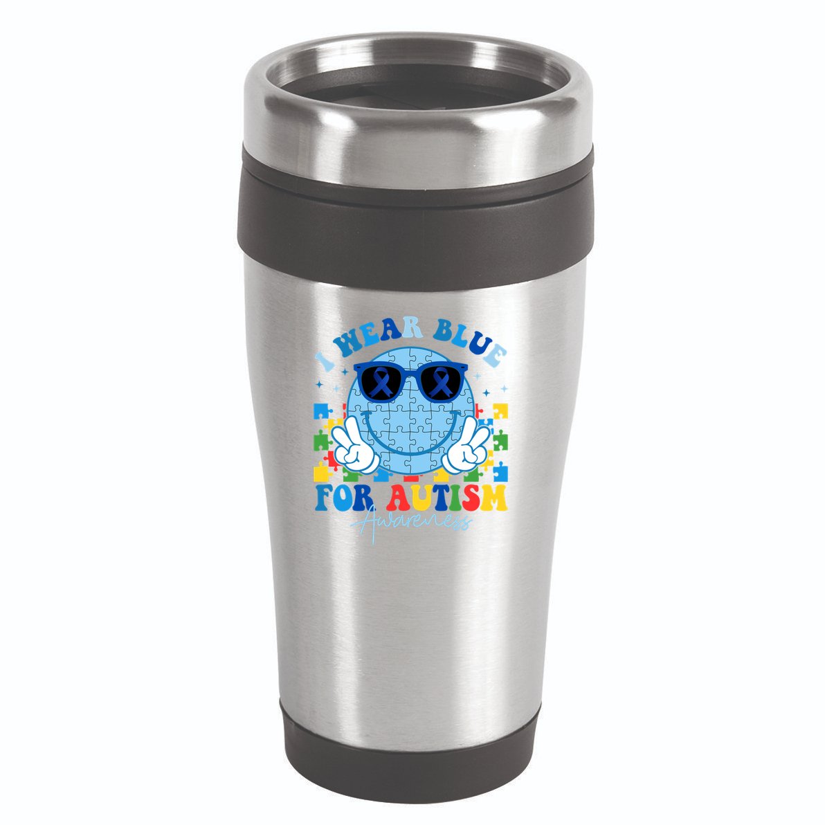 I Wear Blue For Autism Awareness Month Smile Face Peace Puzzle 16oz Travel Tumbler