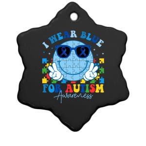 I Wear Blue For Autism Awareness Month Smile Face Peace Puzzle Ceramic Star Ornament