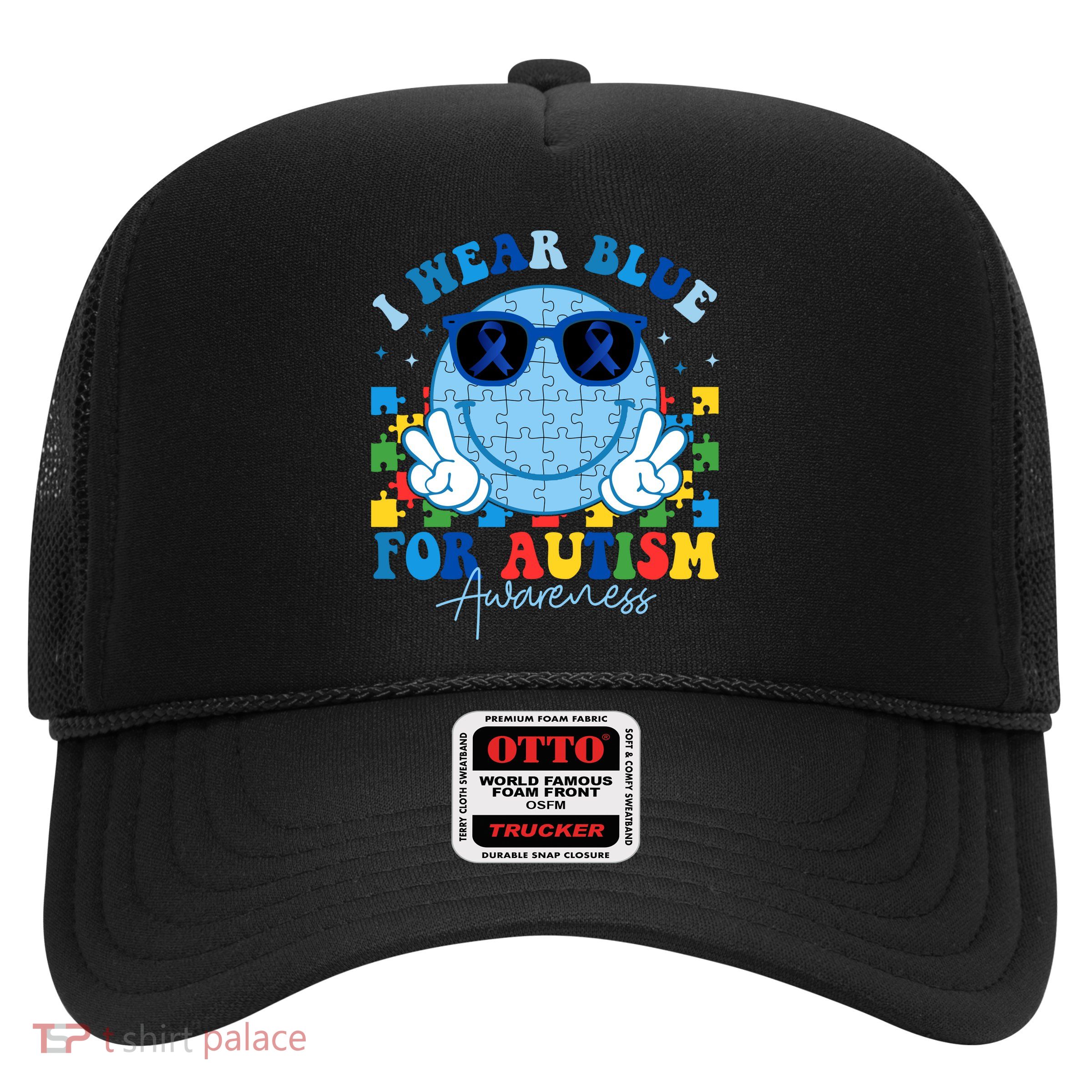 I Wear Blue For Autism Awareness Month Smile Face Peace Puzzle Trucker Hat