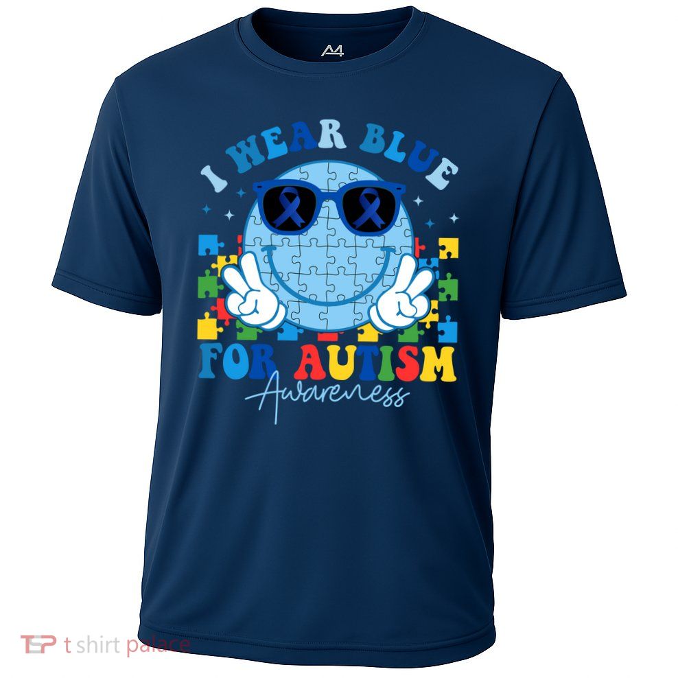I Wear Blue For Autism Awareness Month Smile Face Peace Puzzle Cooling Performance Crew T-Shirt