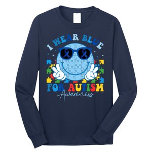 I Wear Blue For Autism Awareness Month Smile Face Peace Puzzle Long Sleeve Shirt