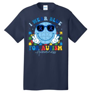 I Wear Blue For Autism Awareness Month Smile Face Peace Puzzle Tall T-Shirt