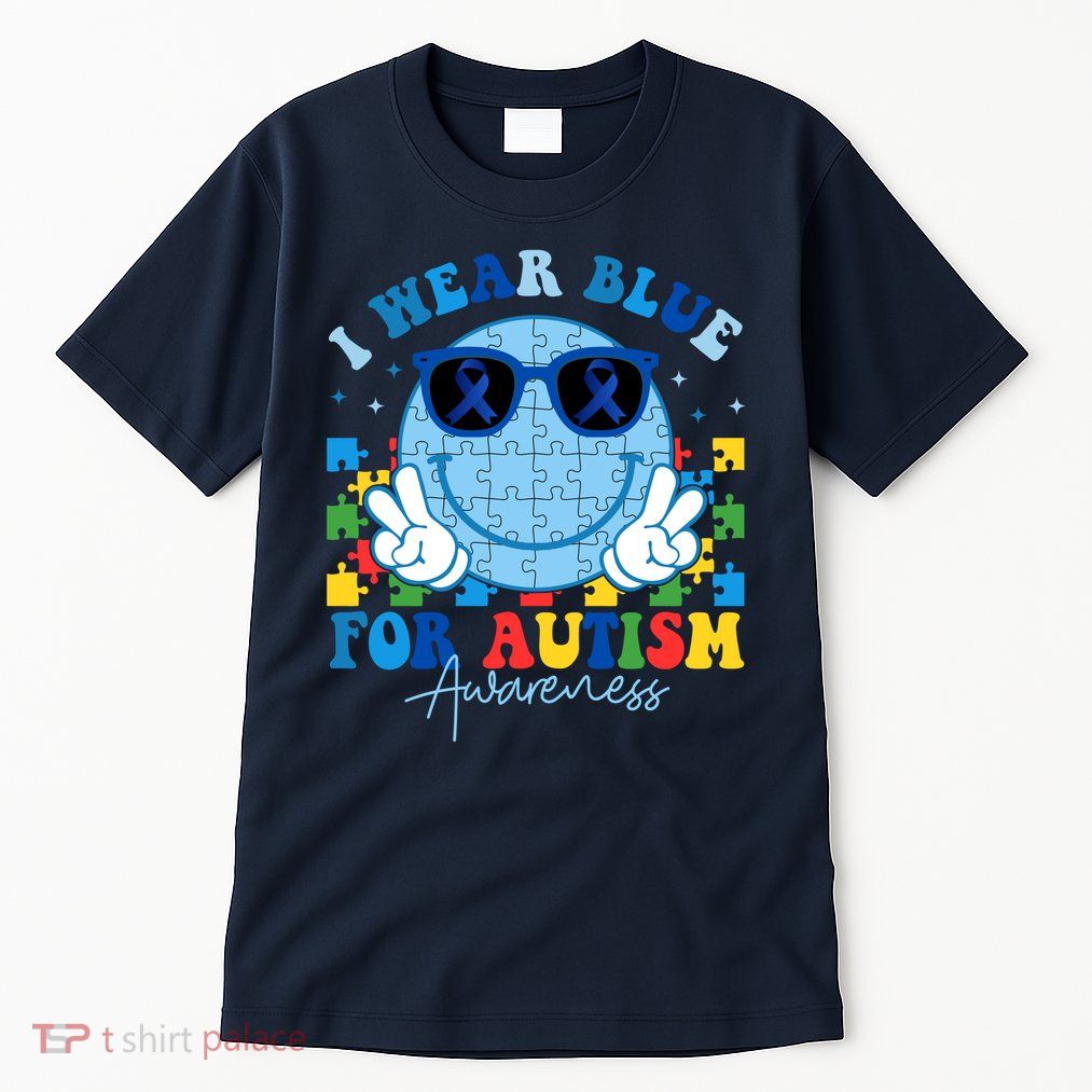 I Wear Blue For Autism Awareness Month Smile Face Peace Puzzle Tall T-Shirt