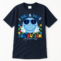 I Wear Blue For Autism Awareness Month Smile Face Peace Puzzle Tall T-Shirt
