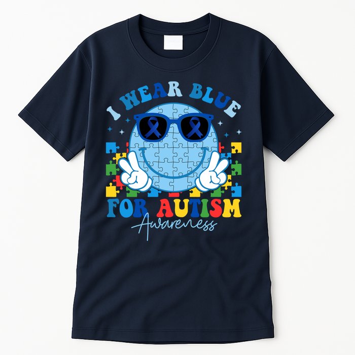 I Wear Blue For Autism Awareness Month Smile Face Peace Puzzle Tall T-Shirt