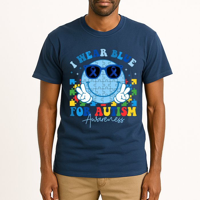I Wear Blue For Autism Awareness Month Smile Face Peace Puzzle Tall T-Shirt